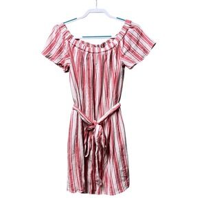 MICHAEL KORS Women's Off Shoulder Striped Cotton Linen Blend Dress Belted M